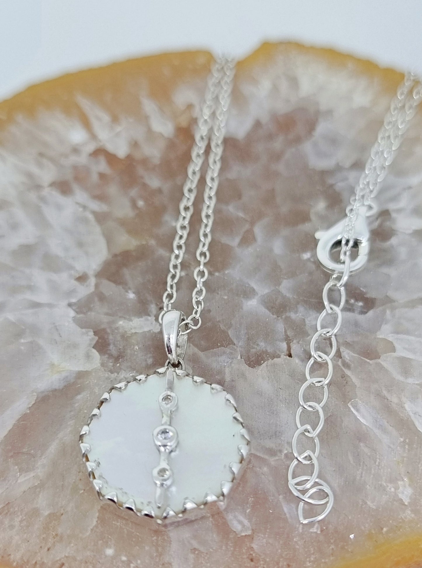 Mother Of Pearl Circle Drop Paired With Crisp White Zircs In Sterling Silver Necklace